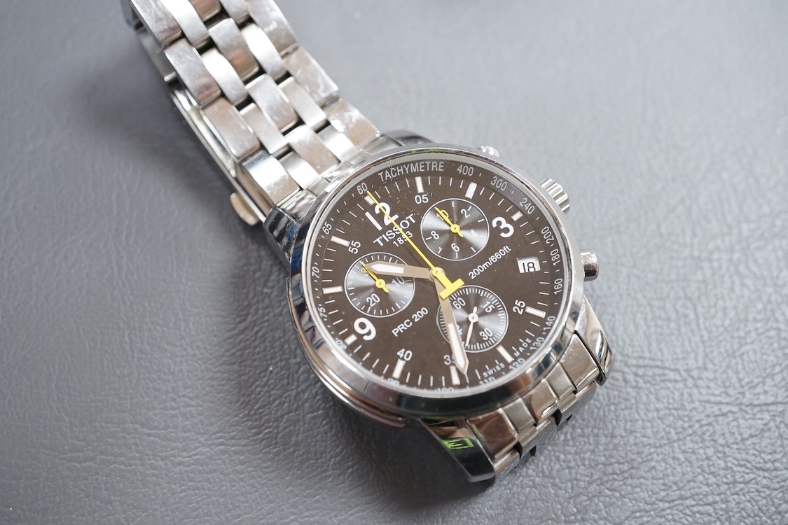 A gentleman's modern stainless steel Tissot PRC 200l chronograph quartz wrist watch, case diameter 40mm, with box and pamphlets.